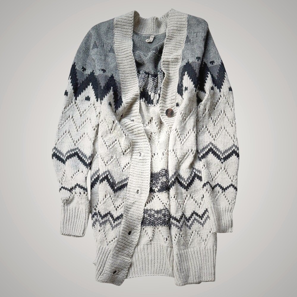 POL Geometric‎ Aztec Knit Cardigan Sweater -Medium- Long Sleeve Cream Gray Black